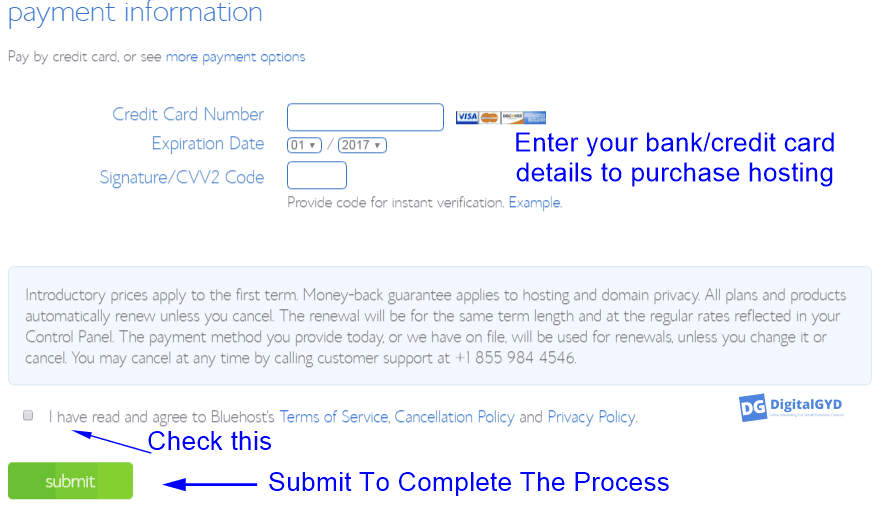Enter payment information on Bluehost