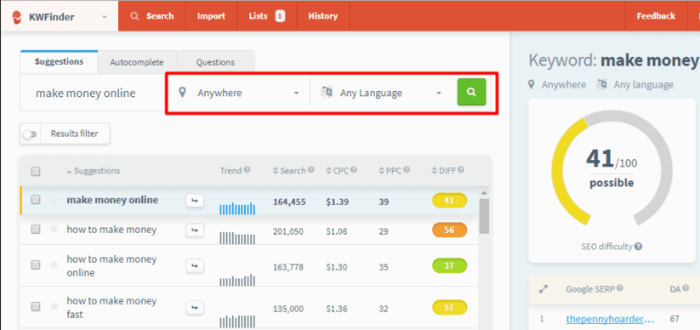 kwfinder location and language filters