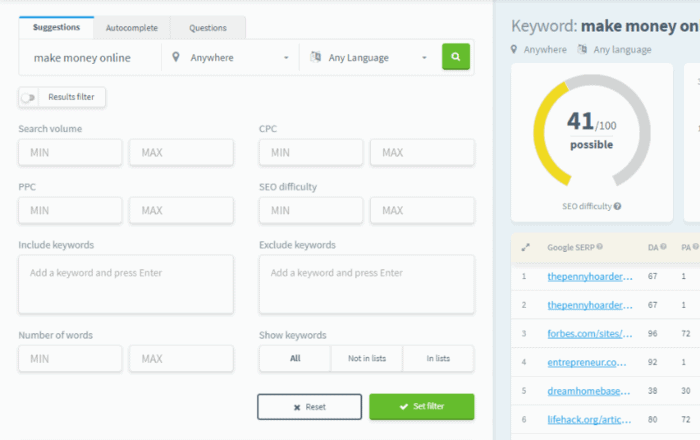 kwfinder advanced results filter