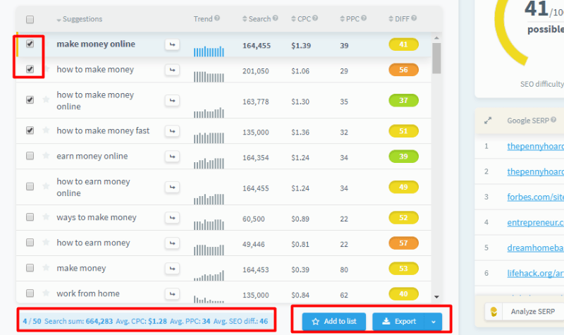kwfinder export options