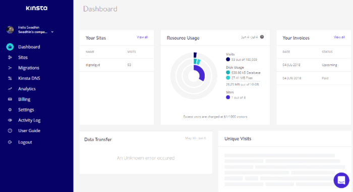 kinsta hosting review - the dashboard