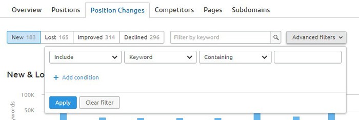 Using advanced filters to find exact loss and gain of new keywords