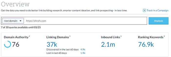 checking domain authority of a website for example Ahrefs