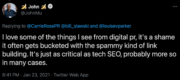 John Mu tweets that Digital PR is not spammy and is in fact as critical as technical SEO