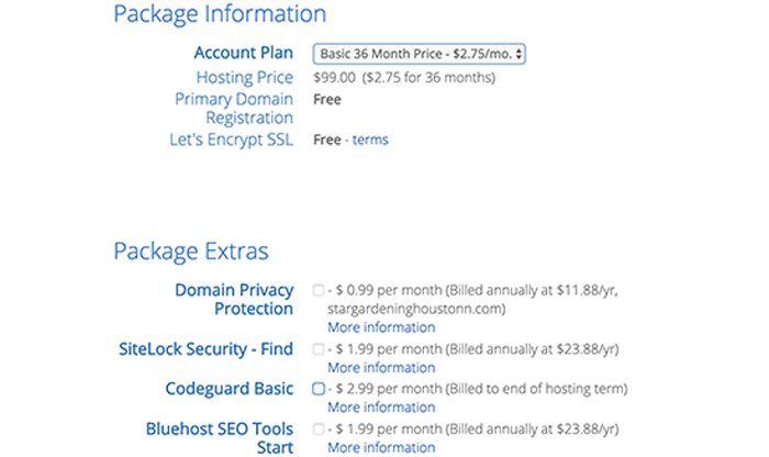 Checkout page for bluehost hosting