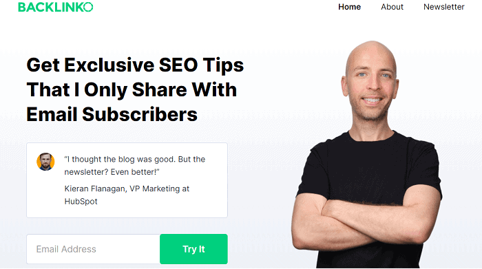 Example of email conversion-optimized home page