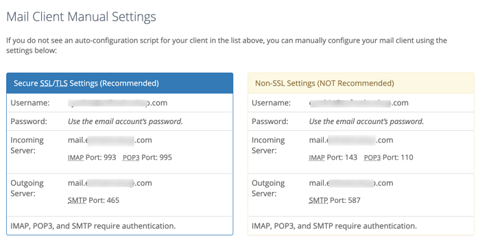 mail client manual settings in bluehost