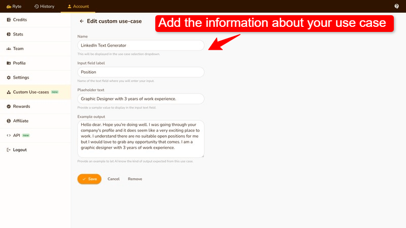 add inputs in rytr ai tool