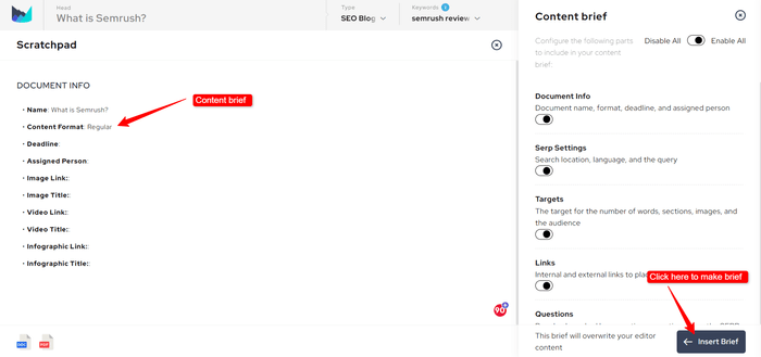 content brief tool dashboard