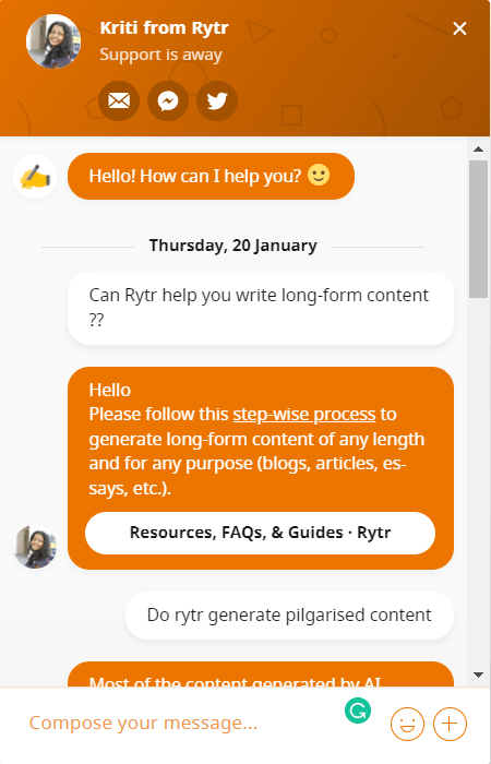 customer support and live chat from rytr