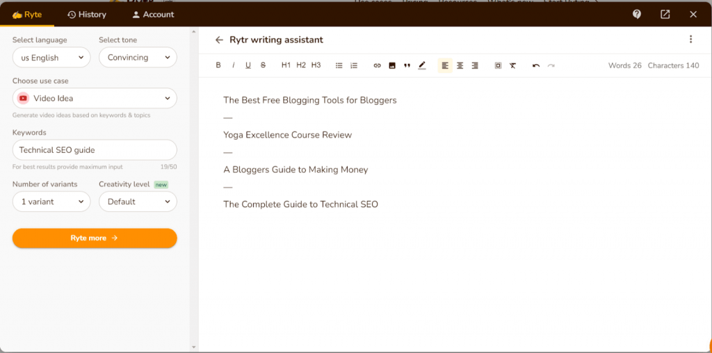 getting video ideas from ai tool rytr