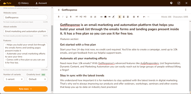 writing features using rytr