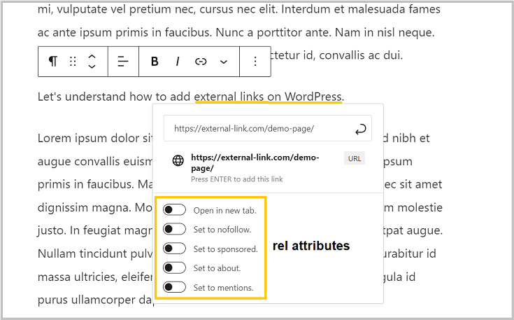 use rel attribute using the WordPress editor