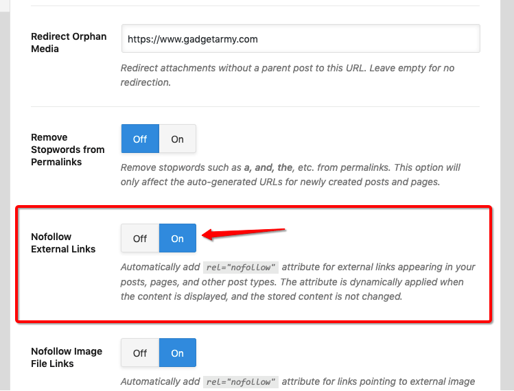Adding external nofollow External Links in rankmath