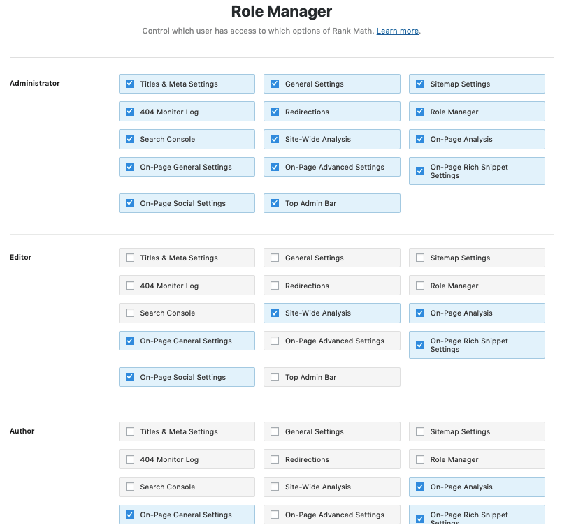 Rank Math vs. Yoast SEO: RankMath Role Permission Manager module