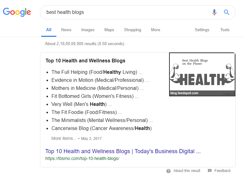 featured snippet in the serp