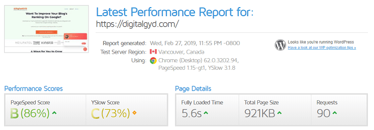 gtmetrix page speed data