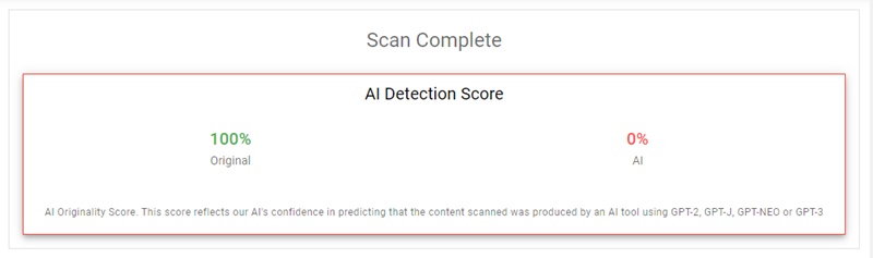 Originality.AI test 2 result - content from a website