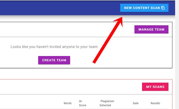 Originality AI dashboard - new content scan button