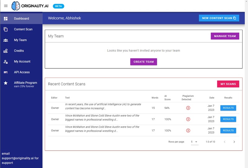 Originality AI Review: dashboard