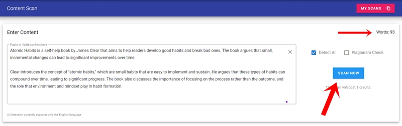 Originality.AI content scan page