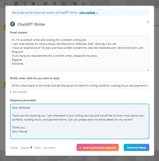 ChatGPT Writer Generate Email response