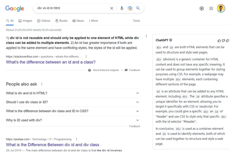 ChatGPT for Google Chrome Extension query example