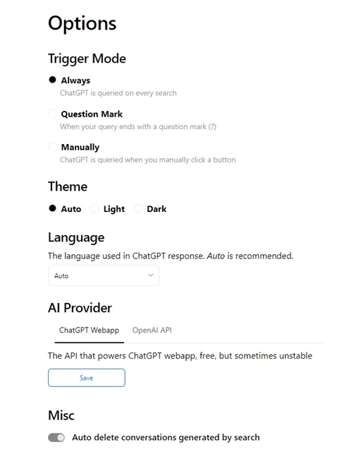 ChatGPT for Google Chrome Extensions options