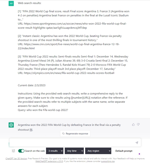 WebChatGPT results on ChatGPT
